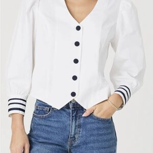 French Connection White Buttoned V-Neck Top with Navy Trim